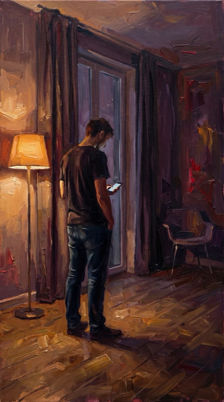 A man alone at a window, phone in hand